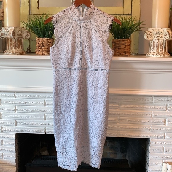 Bardot Fitted Blue Lace Paneled High Neck Cocktail Midi Dress Size Small - Picture 2 of 7